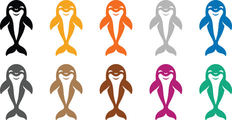 Colorful dolphin icons in two rows layout, Vibrant marine animal vector design collection