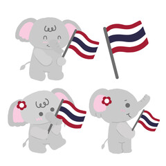 Cute kawaii elephant holding Thailand flag, adorable Thai cartoon animal illustration