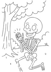 coloring book skeleton sitting under tree clapping hands
