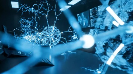 Glowing blue neurons and brain structures interconnected within a scientific research laboratory environment displaying complex neural networks