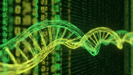 Glowing DNA helix structure on a digital background with binary code in green and yellow - Powered by Adobe