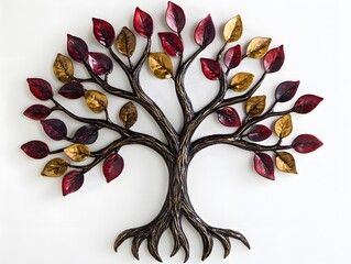 Decorative metal tree sculpture with colorful leaves