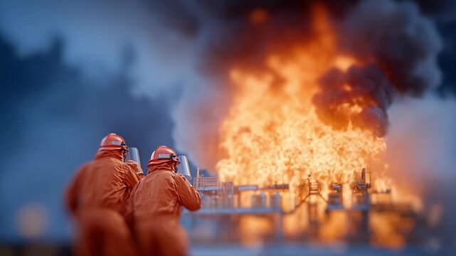 Firefighters Confront Inferno: Courageous firefighters in protective gear confront a raging inferno, battling to control the flames and protect the scene.