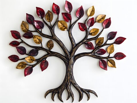 Decorative metal tree sculpture with colorful leaves