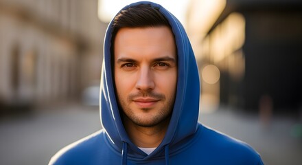 Young man with a thoughtful gaze wearing a blue hoodie outdoors