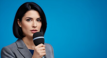 Professional woman speaking into a microphone with a confident expression on a blue background