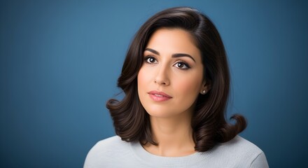 Elegant woman with dark hair and thoughtful expression, looking slightly away from the camera.