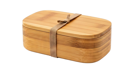 Natural bamboo bento box with a fabric strap isolated on a white background.