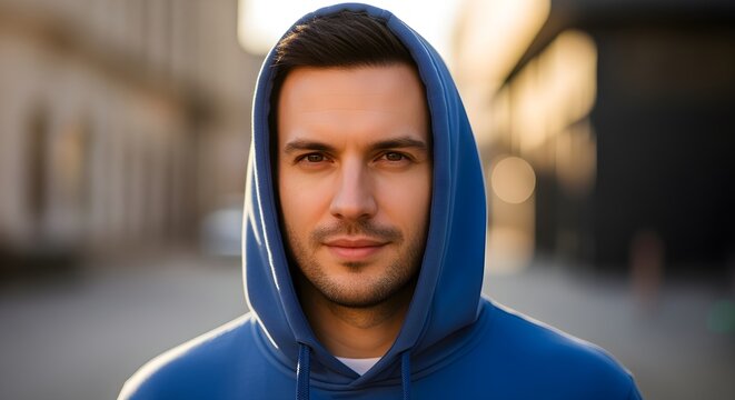 Young man with a thoughtful gaze wearing a blue hoodie outdoors - Powered by Adobe