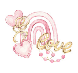 Watercolor illustration for Valentine's Day. Pink greeting card with the inscription "Love," hearts, and a garland. Hand-drawn Valentine's Day card. Design and layout for packaging and greeting cards.