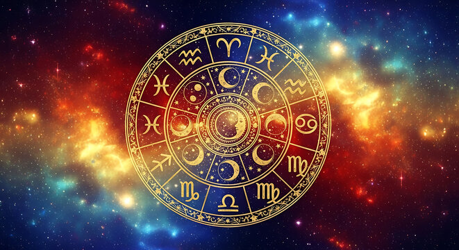 Astrological wheel with zodiac signs against cosmic backdrop background