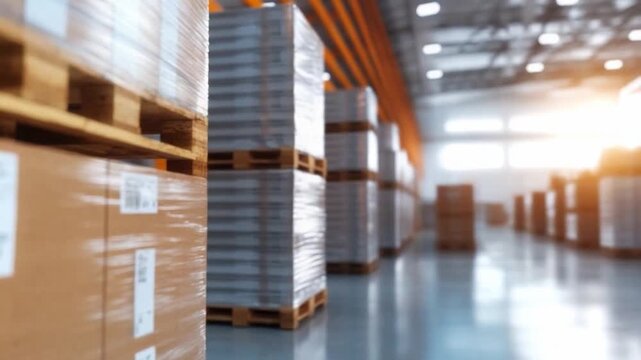 Warehouse Storage: Boxes stacked on pallets neatly fill an expansive warehouse, creating a sense of order and efficiency within an industrial setting.