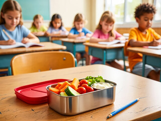Smiling students and a teacher together in a bright classroom for education