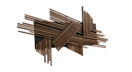 Abstract metal sculpture with a complex geometric design.