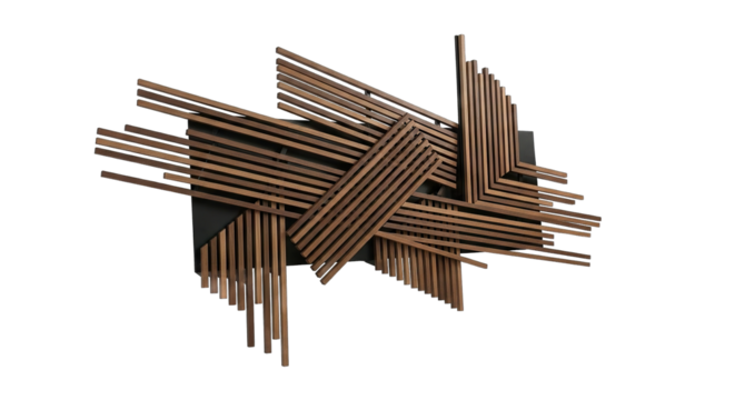 Abstract metal sculpture with a complex geometric design.