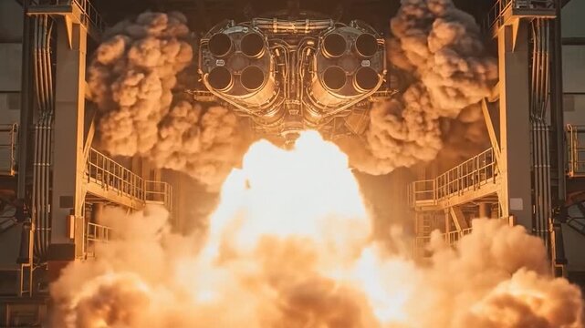 Rocket engine test firing powerful propulsion in industrial facility with intense flames and smoke for aerospace technology development