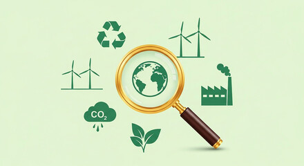Illustration of the Earth inside a magnifying glass surrounded by environmental icons.