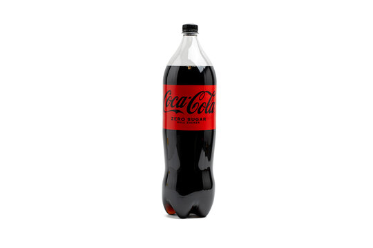 Germany Berlin November 6, 2025. Coca-Cola Zero Bottle. A single 2L Coca-Cola Zero Sugar plastic bottle isolated on white. Classic red label with bold black logo.