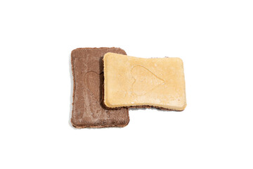 Stacked Ice Cream Sandwiches. Two rectangular ice cream sandwiches stacked together, chocolate and vanilla flavor. Frozen dessert on white background.