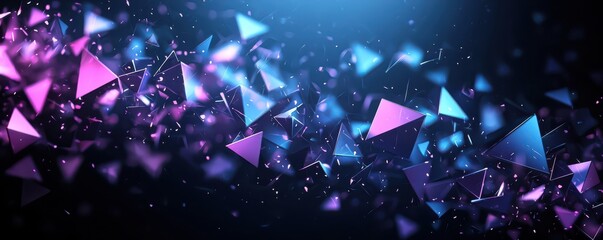 Abstract geometric background with blue and purple glowing triangles on a black backdrop.