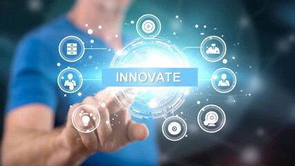 A man's hand pressing a futuristic digital interface button labeled "INNOVATE." - Powered by Adobe