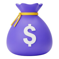 Purple money bag with dollar sign isolated on transparent background, 3d render