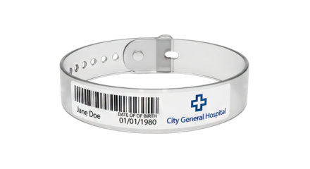Hospital patient identification wristband with barcode isolated on white.