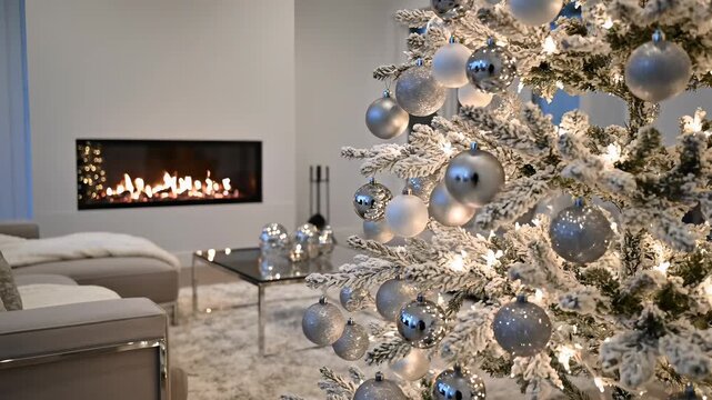 Christmas Tree Decorated with Silver Ornaments Standing Tall in a Modern Living Room, Perfect for Use as Background or Decoration in Videos about Holiday Cheer, Family Traditions, and Warmth.