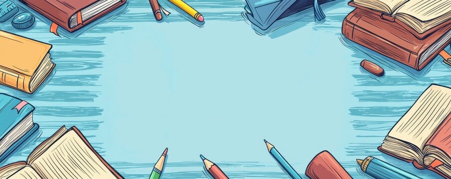 Blank page with light blue stripes surrounded by open books and colorful pencils, ideal for educational themes