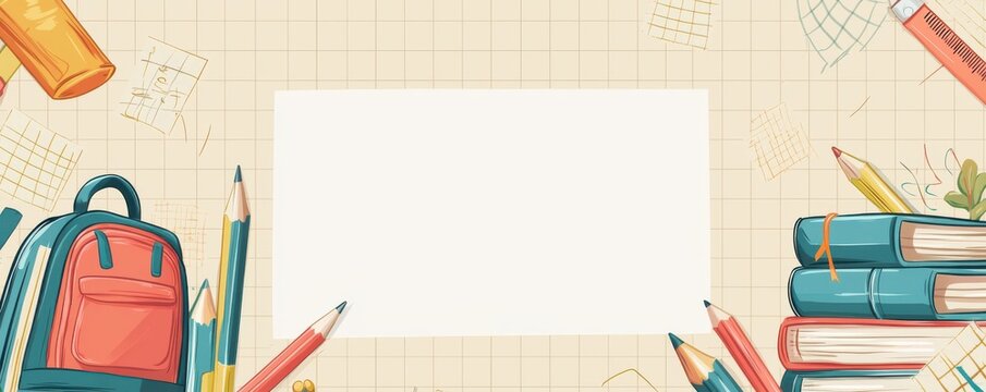 Blank school-themed background with colorful stationery and books ideal for educational projects