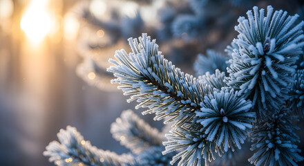 Frost-covered pine branches illuminated by winter sunlight  