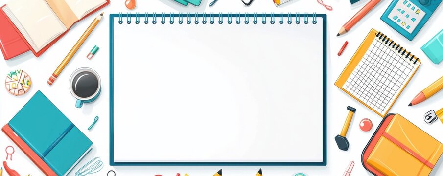 Blank sheet of paper surrounded by colorful school supplies including books, pencils, and a notebook on a desk