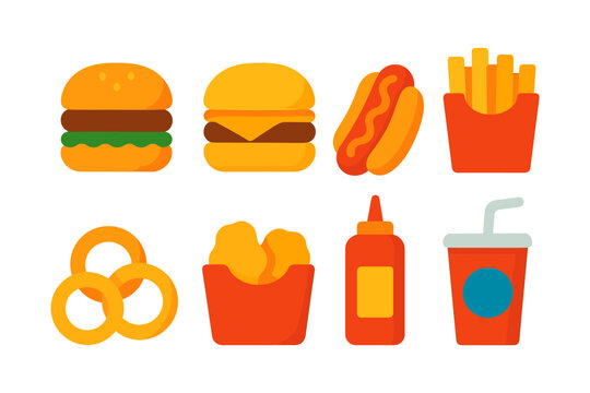 Bright fast food icons featuring burgers, hot dogs, fries, and soda in flat design