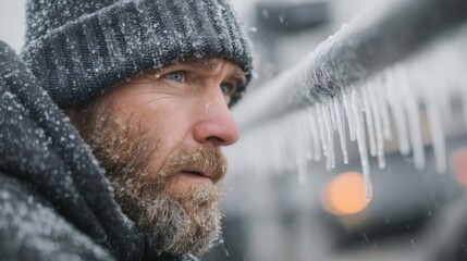 Man facing harsh winter weather with frozen beard