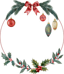 Watercolor Christmas wreath made of fir branches on white background &mdash; festive holiday illustration for cards, decor, and winter designs.
