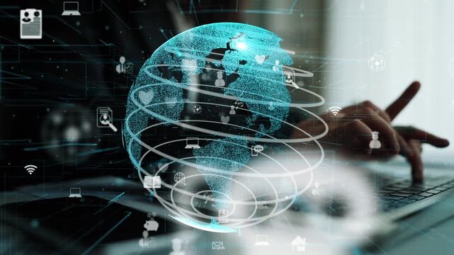A digital representation of Earth surrounded by various communication icons, showcasing the interconnectedness of modern technology and global networking in society. Xenic