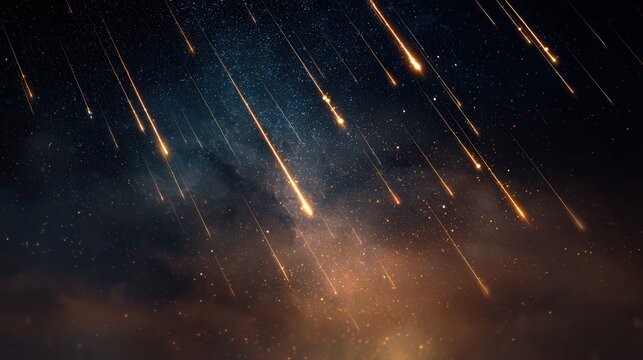 falling meteors in night sky, glowing cosmic shooting stars background 