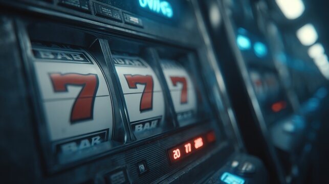 Close-up of a slot machine displaying a winning combination of triple sevens, illuminated buttons, and vibrant casino lights in a nighttime gaming environment.