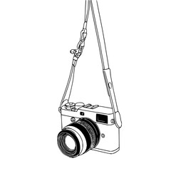 Detailed line art of a hanging camera with a lens and strap in a minimalist style drawing design