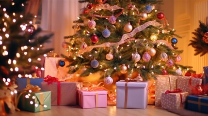 Christmas tree with presents under it in the living room at home. Christmas Tree with Presents. Christmas. Merry Christmas Concept. Happy New Year Concept.