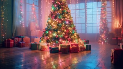 Christmas tree with presents in the interior of the room with a large window. Christmas Tree with Presents. Christmas. Merry Christmas Concept. Happy New Year Concept.