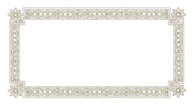 Ornate Golden Rectangular Frame with Islamic Geometric Patterns border isolated on a transparent background