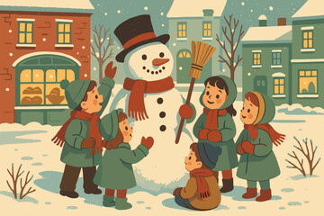 Fototapeta premium Vector winter vintage icon wonderland snowman no nostalgia texture gathered emojis around