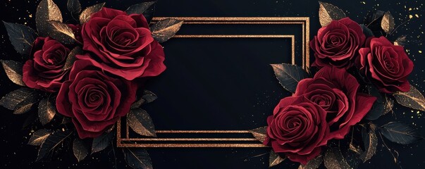 Elegant burgundy rose and gold frame on dark background with floral decorations