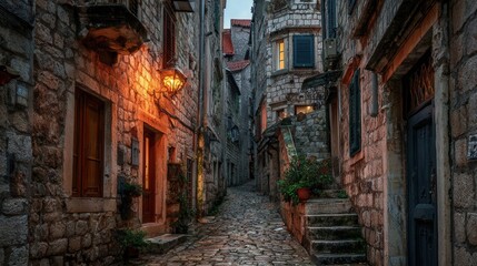 Fototapeta premium narrow alleyway, old stone buildings, moody urban background