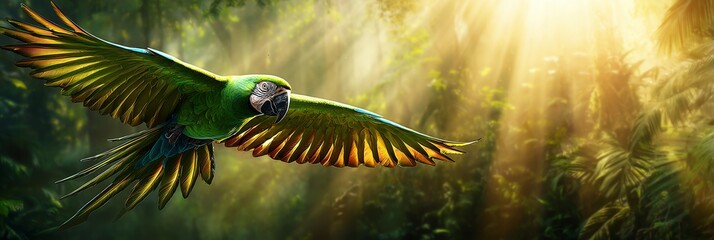 A vibrant parrot soars through sunlit jungle foliage, its wings spread wide. Freedom, natural beauty, and the splendor of wildlife.