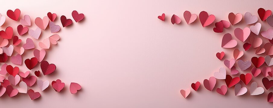 Paper hearts in various shades of pink and red on a soft pink background creating a romantic and heartfelt design