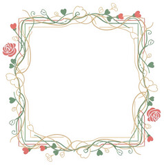 Delicate, intertwined floral square frame with thin vines, small hearts, tiny roses, and clover-shaped leaves, in a subtle vintage color palette.