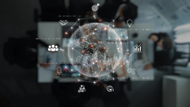 A dynamic scene showcasing a diverse team engaged in data analysis and strategic planning within a modern office. Visual elements depict global connectivity and digital innovation. Raster - Powered by Adobe