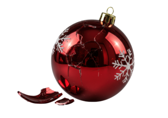 Extreme macro, low-angle, deep crimson, partially shattered bauble revealing fragile interior layers and crystalline edges, with a reflective snowflake pattern, on a transparent background, concept of